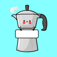 Cheerful cartoon moka pot character holding a blank sign, ready for your message.