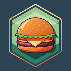 A Stylized Cartoon Burger Badge with a Shiny Hexagonal Frame A Retro Food Logo