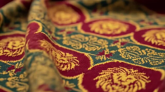 Draped fabric with elaborate gold pattern on red and green background, soft lighting
