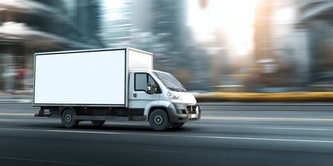 White cargo delivery truck driving at high speed on a busy urban highway during daytime with motion blur effect
