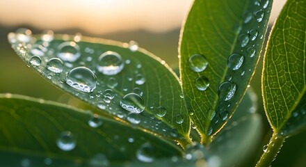 Stunning close-up of water droplets on vibrant green leaves with soft golden sunlight creating a serene atmosphere