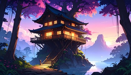 Fototapeta premium A Serene Evening Retreat, Treehouse in Lush Forest, Nature Illustration, Peaceful Environment, Golden Light Over Water