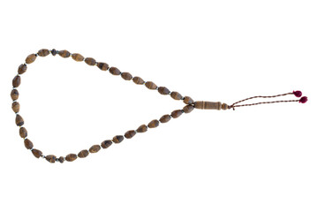 Fototapeta premium Wooden Prayer Beads with Tassels Displayed on a White Background