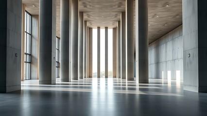 Fototapeta premium Vast architectural space with smooth concrete columns and diffused natural light, symmetrical and minimalist.