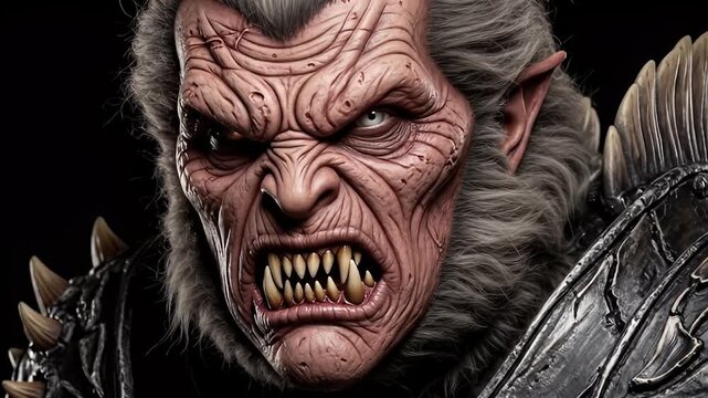 A menacing, close-up of a furry monstrous creature with sharp teeth and armor details