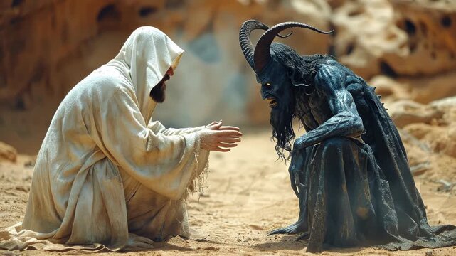 New Testament trial: Jesus solitude, devil challenge, gospel record, desert silence, divine proof, holy victory, spiritual ordeal, sacred symbol, biblical truth, forty day, eternal lesson,