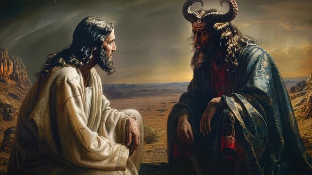 New Testament trial: Jesus solitude, devil challenge, gospel record, desert silence, divine proof, holy victory, spiritual ordeal, sacred symbol, biblical truth, forty day, eternal lesson,