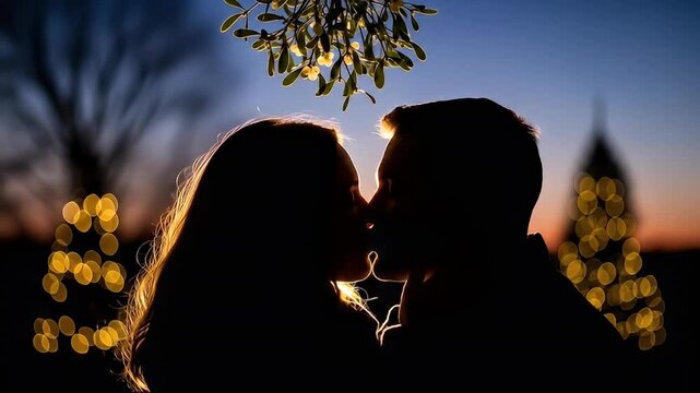 Silhouetted couple kisses beneath mistletoe against a dusky sky with bokeh Christmas lights
