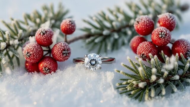 Sparkling ring amidst snow-dusted red berries and frosty pine needles; winter engagement