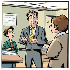 Office meeting conflict discussion between manager and employees illustration, workplace communication problem concept, professional disagreement scene, corporate leadership challenge, business teamwo