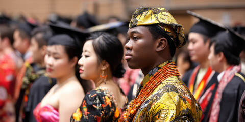 diverse group of graduates in traditional attire, celebrating their achievements during a commencement ceremony.