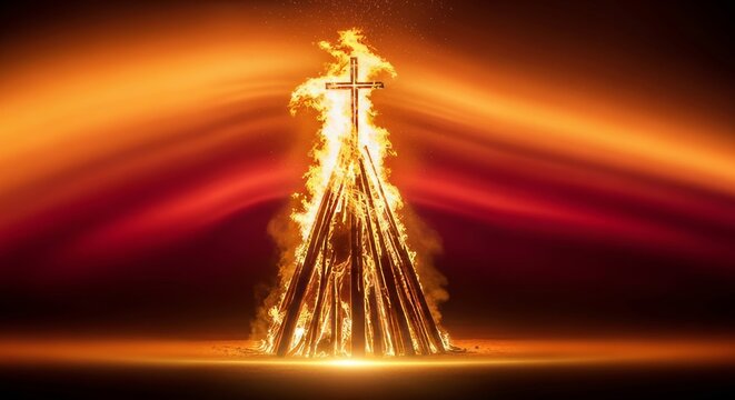 A large pyre with a Christian cross atop engulfed in flames Glowing ground abstract red and orange background - Powered by Adobe