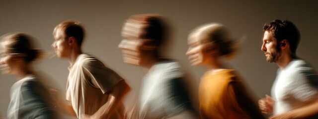 Group of runners in motion during a training session in a minimalist studio setting showcasing teamwork and fitness