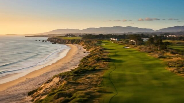 Scenic golf course overlooking ocean coastline at sunset or sunrise coastal recreation travel destination