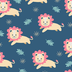 animal cat lions cute vector cartoon seamless pattern design fullprint fabric for kids apparel
