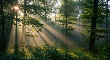Obraz premium Sunlight Through Trees in a Green Forest.