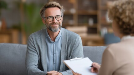 Professional mature man in glasses and blue shirt engaging in a conversation during a therapy or counseling session with a female therapist taking notes