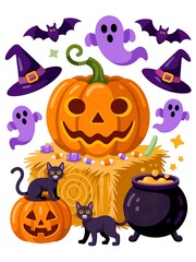 Cute Halloween Clipart Bundle Ghost, Pumpkin, Bats & Spiderwebs Digital Halloween Decor Fall Seasonal Illustration