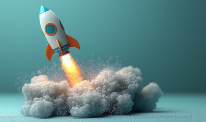 Toy rocket launching with fire and smoke billowing from behind against a plain blue background with copy space for text