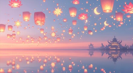 Obraz premium Illustration of floating lanterns illuminate the sky over a tranquil lake, reflecting the lights and creating a dreamy scene