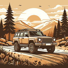 Tan SUV on a Mountain Road at Sunrise.