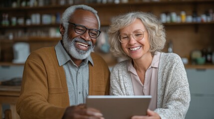 Happy senior couple looking at digital tablet together in cozy kitchen, enjoying leisure time, sharing a smile during online activity, bonding in retirement