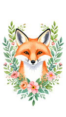 Obraz premium Charming watercolor fox portrait in a beautiful floral wreath.