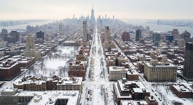 Snowy Manhattan Skyline Aerial View.