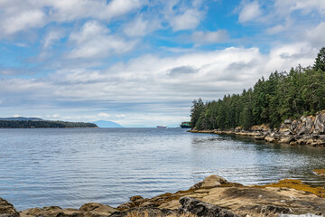 Beautiful landscape of an island shore with pine trees and ocean in the Gulf islands BC Canada