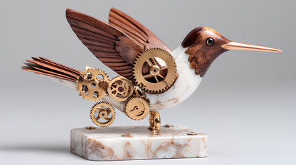 Wooden Hummingbird Sculpture with Clockwork Gears on Marble Base