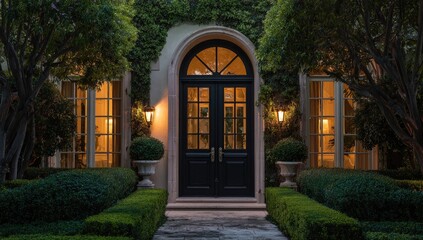 Elegant, dark front door of a mansion at twilight.  Tranquil, well-maintained landscape surrounds