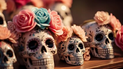 Decorative sugar skulls adorned with colorful flowers, a Day of the Dead display