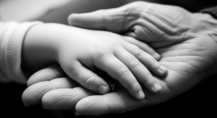 Illustration of a tender moment captured in black and white, showing a childs hand resting gently in the protective palm of an adult