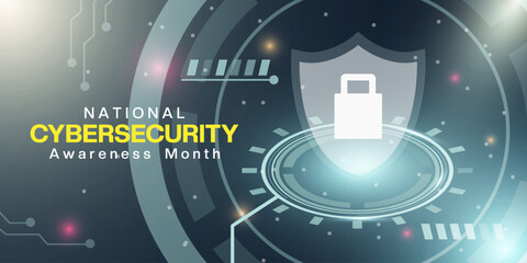 October is National Cybersecurity Awareness Month. Sheild, Padlock and more. Suitable for posters, banners and social media. Dark background.
