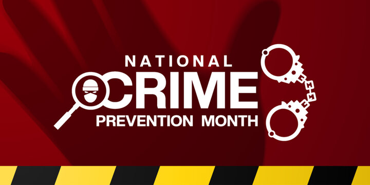 October is National Crime Prevention Month. Handcuffs, hand and more. Suitable for posters, banners and social media. Red background. - Powered by Adobe