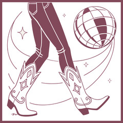 Dancing queen cowboy girl boots pink disco ball nightlife party vector