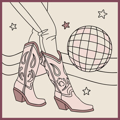 Dancing queen cowboy girl boots pink disco ball nightlife party vector