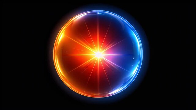 Luminous sphere with radiating beams of light, transitioning from warm to cool hues
