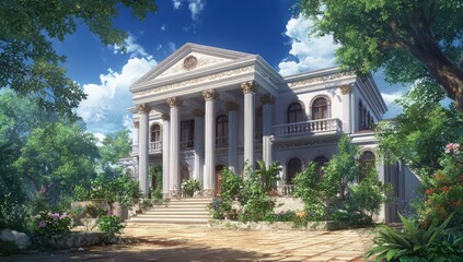 Obraz premium Grand white mansion in lush tropical garden