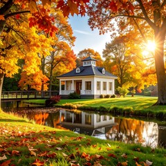 Autumnal scene by a serene water feature
