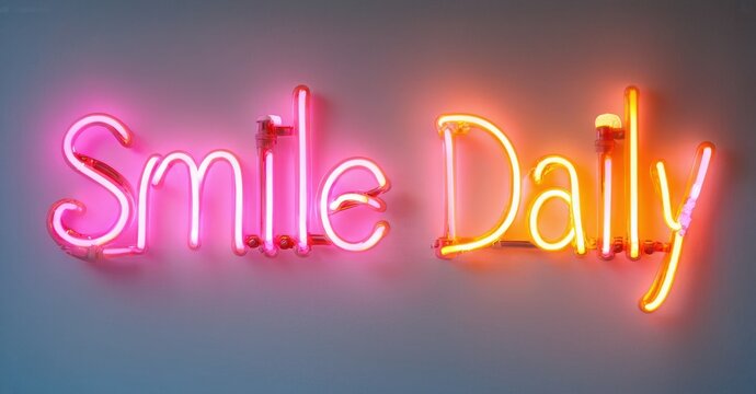 Bright neon sign displays positive message. Pink, orange hues illuminate words Smile Daily against neutral wall. Simple, uplifting design.