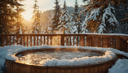 Obraz premium a steaming wooden hot tub sits nestled in a snowy landscape, framed by a wooden railing and a backdrop of snow-covered evergreen trees bathed in golden sunlight.