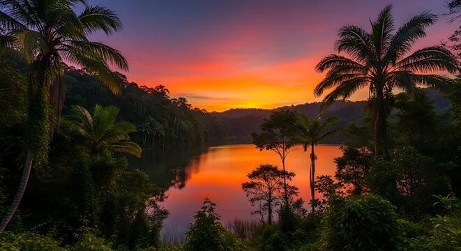 Tropical Sunset Over a Serene Lake.