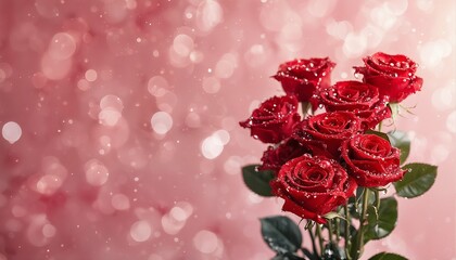 a vibrant bouquet of red roses with glistening water droplets stands against a softly blurred pink and white bokeh background.