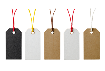 Five blank gift tags in black, white, and brown with colorful strings, isolated on transparent background