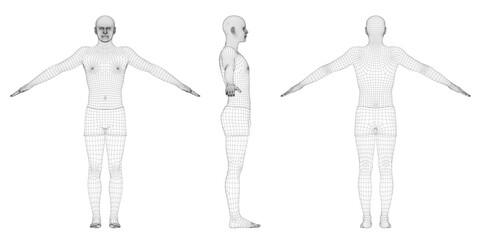 A man's wireframe model in a dynamic pose, composed of geometric shapes and lines to create a realistic 3D representation of the human body.