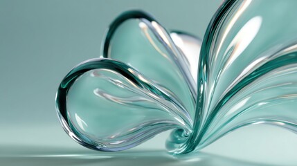 Teal to mint green glass art with flowing curves, symmetrical abstract design for gallery posters, design magazines, digital collections, reflective transparent gradient

