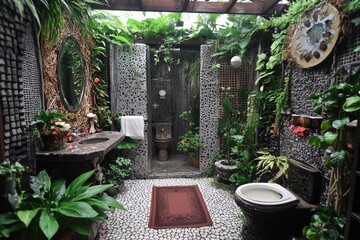 Lush, outdoor bathroom with stone walls, abundant tropical plants, and a rustic vanity.  A pebble floor, and woven accents create a serene, natural spa-like atmosphere