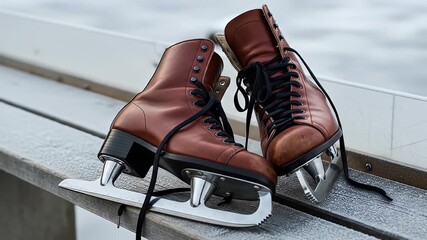 Brown leather ice skates with black laces sit on a frosted wooden bench outside - Powered by Adobe