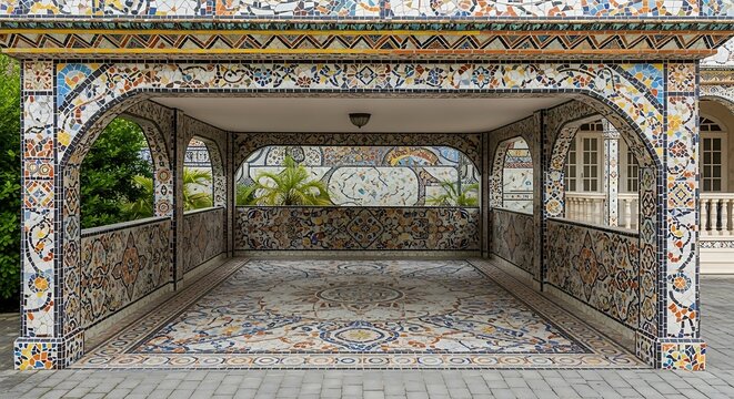 Ornate Tiled Pavilion with Arches and Mosaic Patterns. - Powered by Adobe